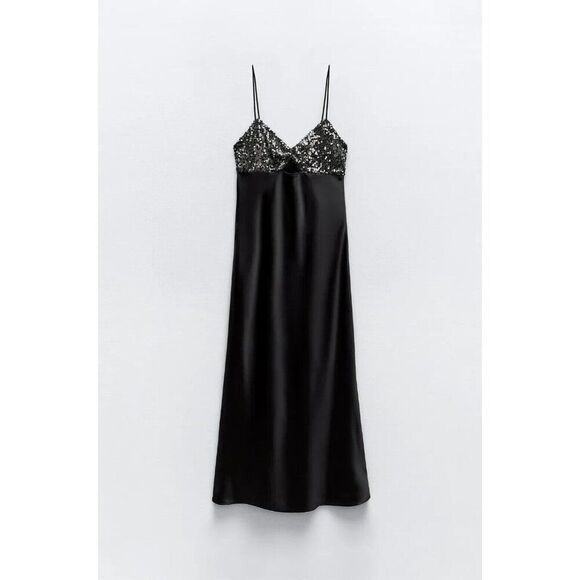 Zara Womens Slip Midi Dress Size XS Black Contrast Sequin Top 8741/269 NWT - Picture 2 of 16